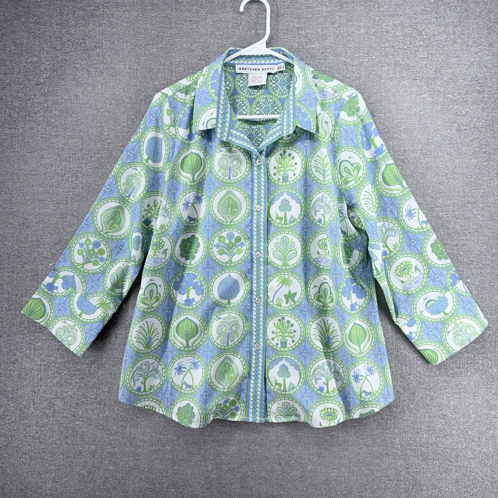 Gretchen Scott 3/4 Sleeve Blouse Women Size XL Circle Print Blue Green Casual